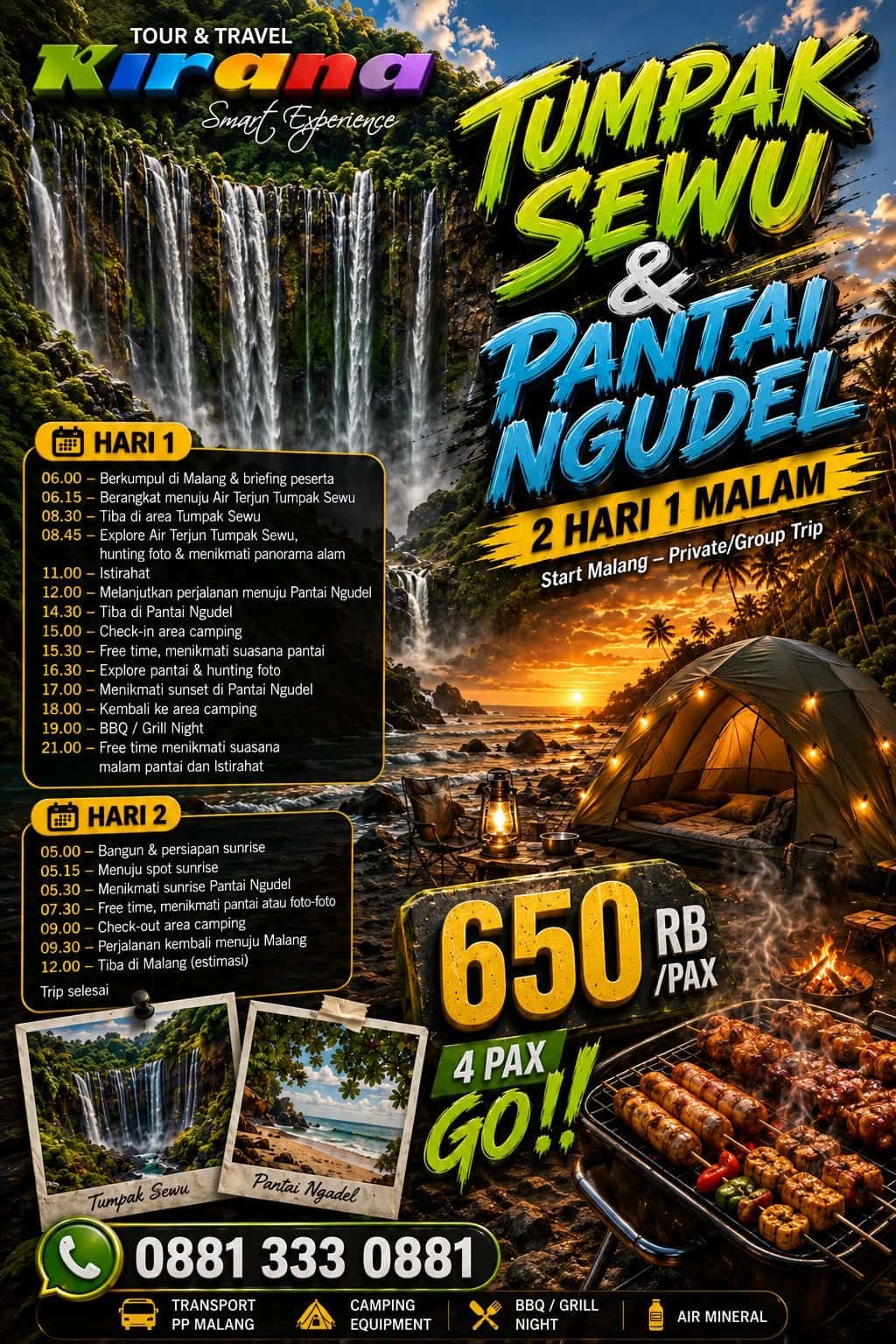 Paket Wisata Tumpak Sewu & Pantai Ngudel 2 Hari 1 Malam dari Malang