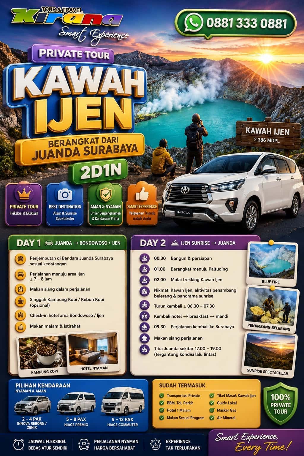 Private Tour Kawah Ijen 2D1N Berangkat dari Juanda Surabaya